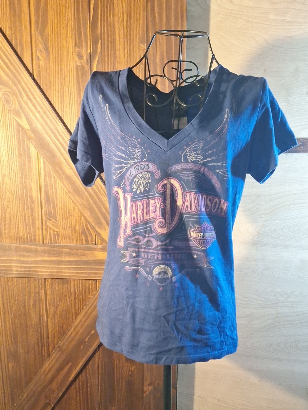 Harley-Davidson Navy Short-Sleeve V-Neck Tee with Pink Graphic